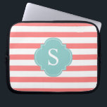 Coral and Mint Stripes Monogram Laptop Sleeve<br><div class="desc">Modern and chic horizontal stripes and quatrefoil monogram design.</div>