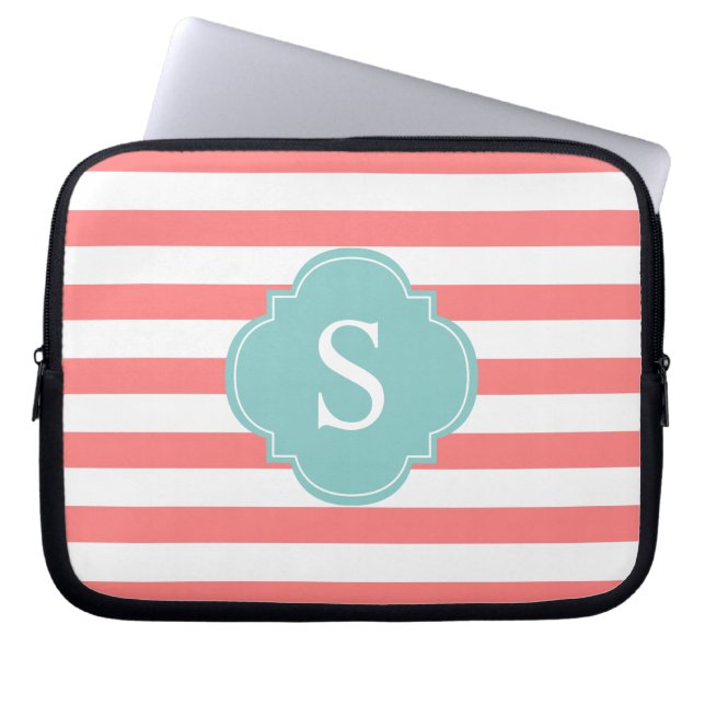 Coral and Mint Stripes Monogram Laptop Sleeve (Front)