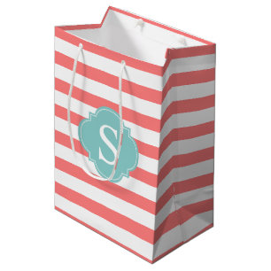 Coral and Mint Stripes Monogrammed Medium Gift Bag