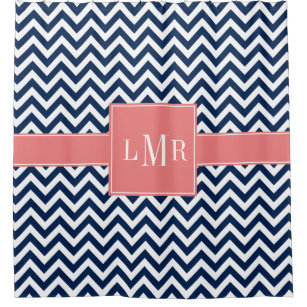 Coral and Navy Blue Chevrons Monogram Shower Curtain