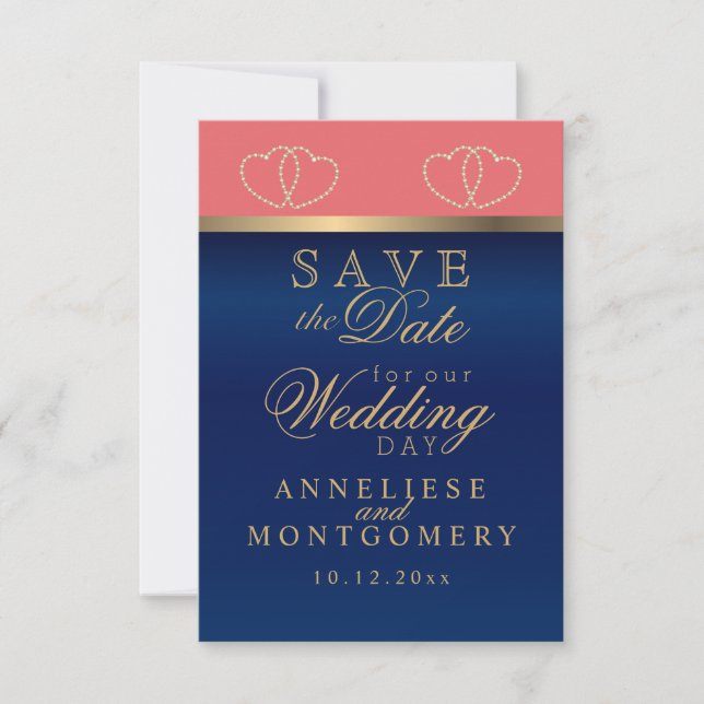 Coral and Navy Blue Gold Hearts - Save the Date (Front)