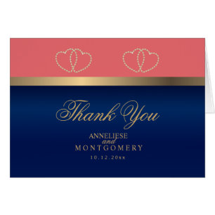 Coral and Navy Blue Gold Hearts - Thank You