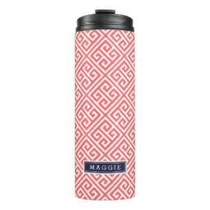 Coral and Navy Blue Greek Key Monogram Thermal Tumbler
