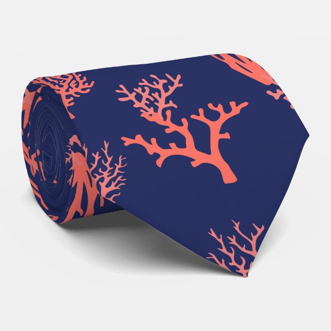 Coral and Navy Blue Groom Beach Wedding Tie (Rolled)
