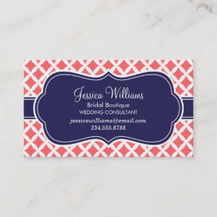 Coral and Navy Blue Modern Diamonds Business Card