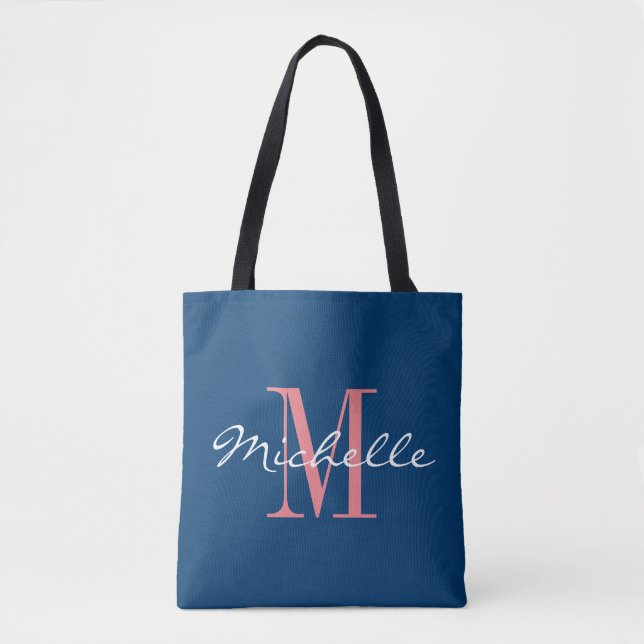 Coral and navy blue monogram wedding tote bag (Front)