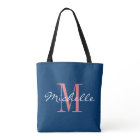 Coral and navy blue monogram wedding tote bag