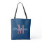Coral and navy blue monogram wedding tote bag