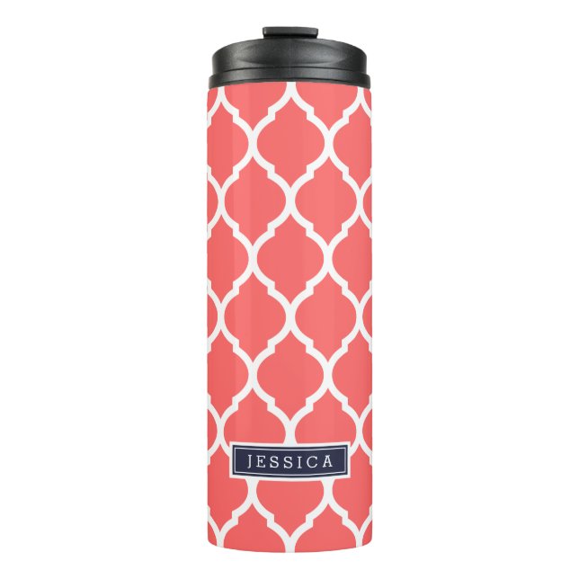 Coral and Navy Blue Moroccan Quatrefoil Monogram Thermal Tumbler (Front)