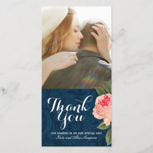 Coral and Navy Blue Thank You Photo Card (4x8)