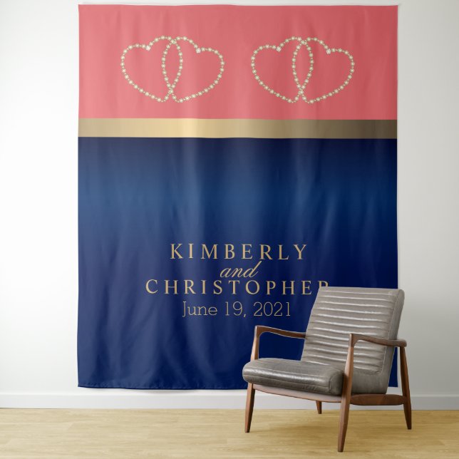 Coral and Navy Blue with Gold Hearts Tapestry (In Situ)