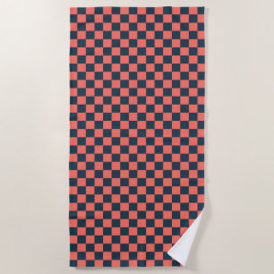Coral and navy checkerboard pattern beach towel