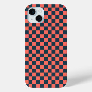 Coral and navy checkerboard pattern iPhone 15 mini case