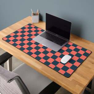 Coral and navy checkerboard pattern desk mat