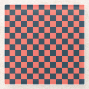 Coral and navy checkerboard pattern glass coaster