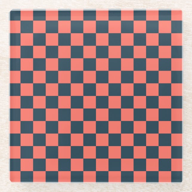 Coral and navy checkerboard pattern glass coaster (Front)