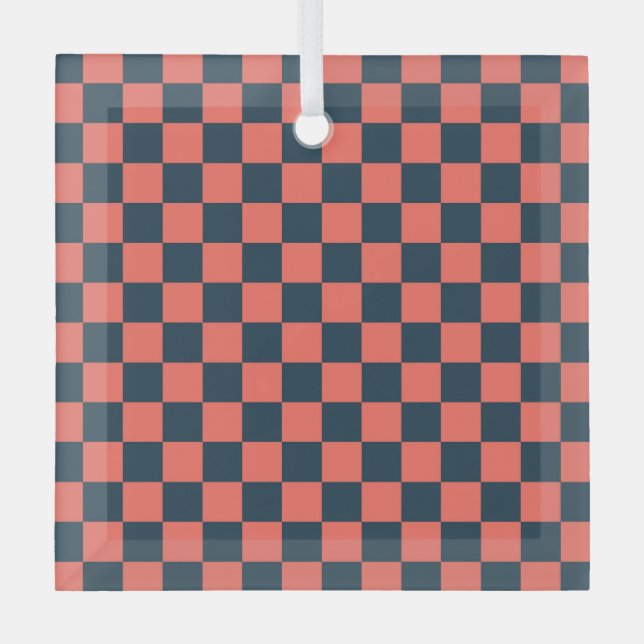 Coral and navy checkerboard pattern glass tree decoration (Front)