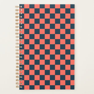 Coral and navy checkerboard pattern planner
