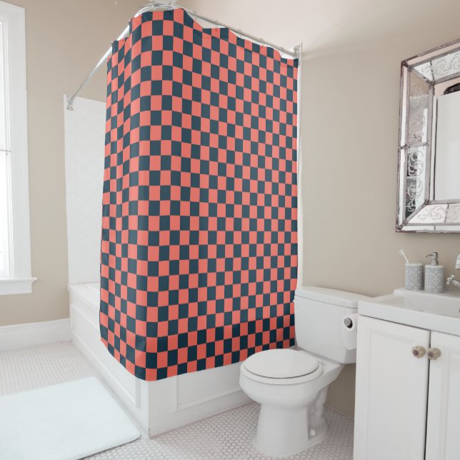 Coral and navy checkerboard pattern shower curtain (In Situ)