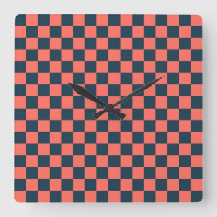 Coral and navy checkerboard pattern square wall clock