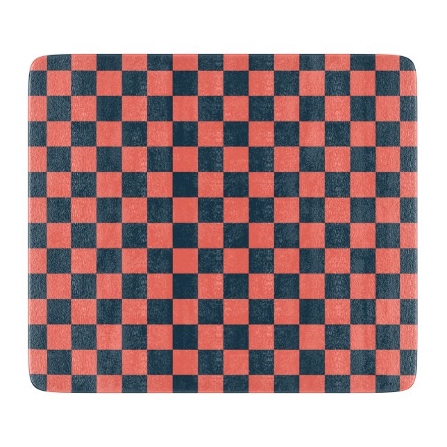 Coral and navy chequerboard pattern cutting board (Front)