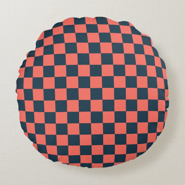 Coral and navy chequerboard pattern round cushion (Front)