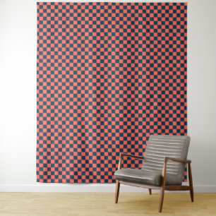 Coral and navy chequerboard pattern tapestry