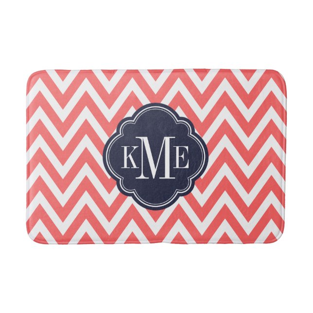 Coral and Navy Chevron Monogram Bath Mat (Front)