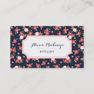 Coral and Navy Chic Vintage Floral Print Business Card