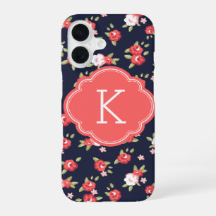 Coral and Navy Chic Vintage Floral Print Monogram iPhone 16 Case
