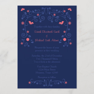 Coral and Navy Floral 5x7 Wedding Invitation