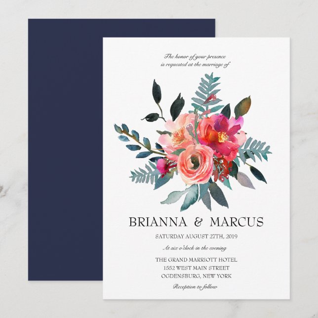 Coral and Navy Floral Wedding Invitation (Front/Back)