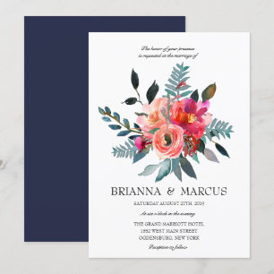 Coral and Navy Floral Wedding Invitation