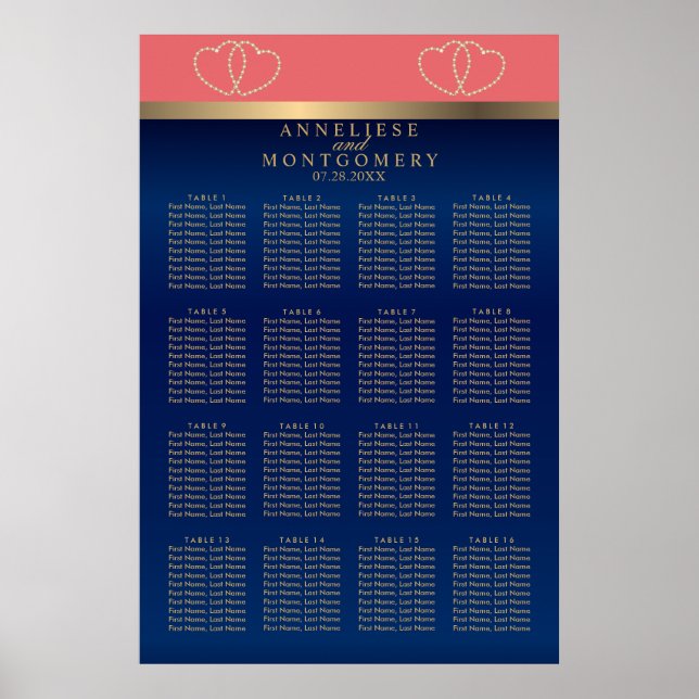 Coral and Navy Gold Hearts -  16 Seating Chart (Front)
