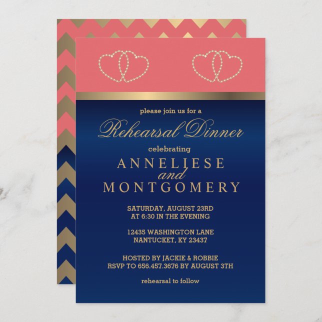Coral and Navy, Gold Hearts - Rehearsal Dinner Invitation (Front/Back)