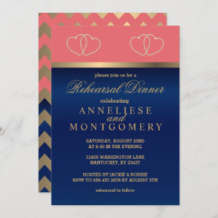 Coral and Navy, Gold Hearts - Rehearsal Dinner Invitation