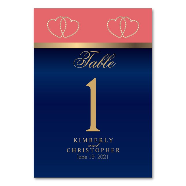 Coral and Navy, Gold Hearts  Table Number (Front)