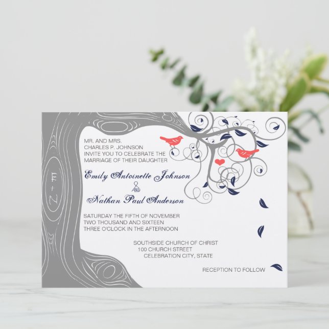 Coral and Navy Initials in Trunk Love Bird Invitation (Standing Front)