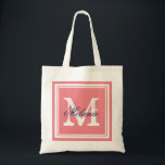 Coral and navy monogram wedding party tote bags<br><div class="desc">Custom coral and navy blue monogrammed wedding party tote bags. Personalised name monogram tote bag | Customisable colour background. Elegant logo design with letter initials and fancy border frame. Cute vintage gift idea for bride and brides entourage. Make your own for trendy bridesmaid, maid of honour, flower girls, mother of...</div>