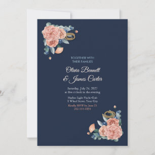 Coral and Navy Nautical Florals Wedding Invite
