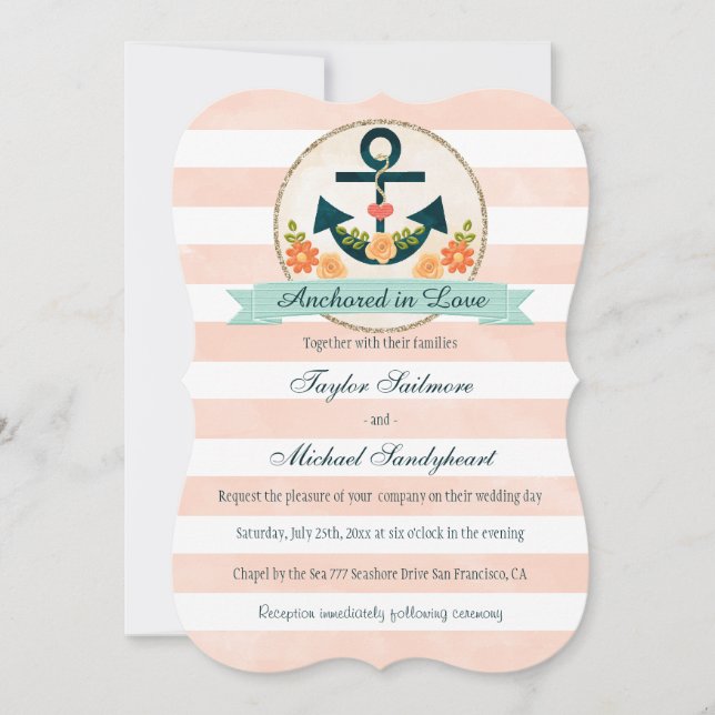 Coral and Navy Nautical Wedding Invitation (Front)