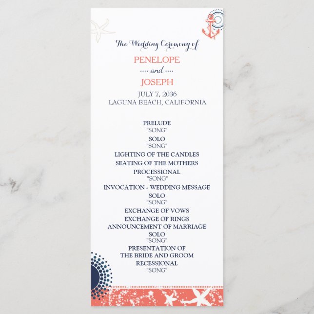 Coral and Navy Nautical Wedding Program Programme (Front)