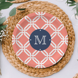 Coral and Navy Octagon Link Monogram Paper Plate