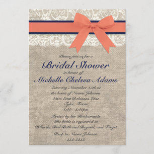 Coral and Navy Ribbon Rustic Bridal Shower Invitation