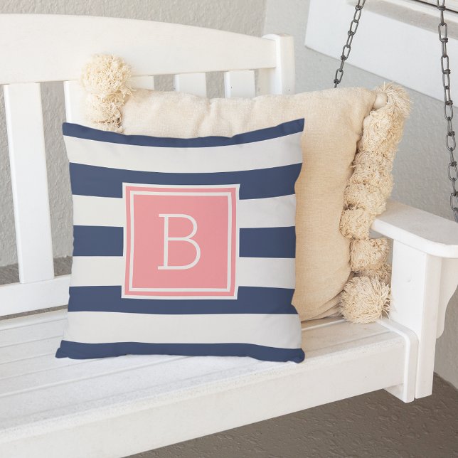 Coral and Navy Stripe Monogram Outdoor Cushion (Creator Uploaded)