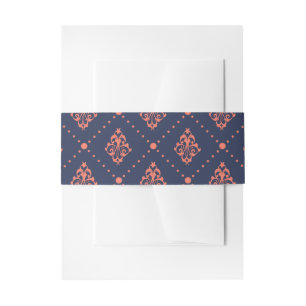 Coral and Navy Vintage Lattice Damask Invitation Belly Band