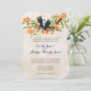 Coral and Navy Vintage Love Birds Tea Stain Invitation