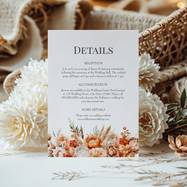 Coral and Peach Dry Flower Wedding Details Card (Coral and Peach Dry Flower Wedding Details Card on a sunny table with a boho flower bouquet.)