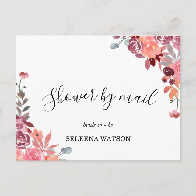 Coral and Peach Floral Bridal Shower By Mail Invitation Postcard (Front)