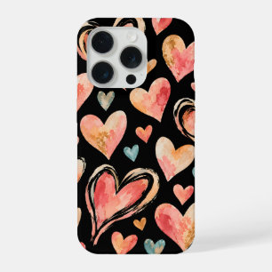 Coral and Peach Watercolor Hearts on Black iPhone 15 Pro Case